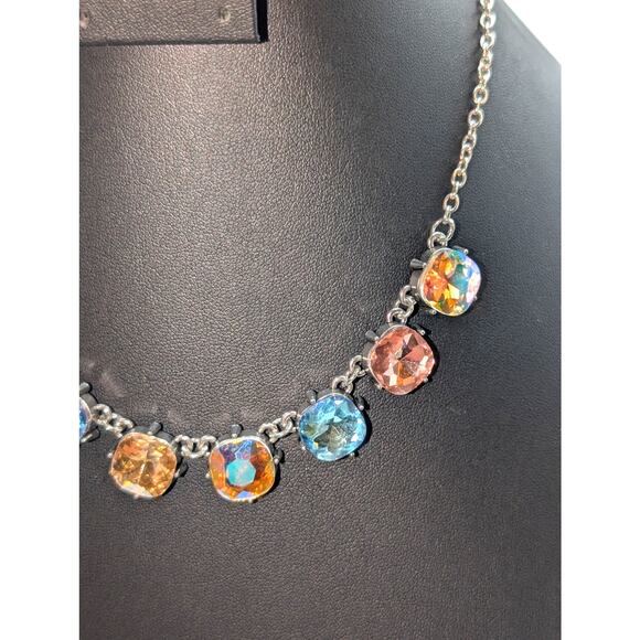 Large Square AB Crystal Silver Tone Necklace 16.5"-19" - Picture 6 of 7